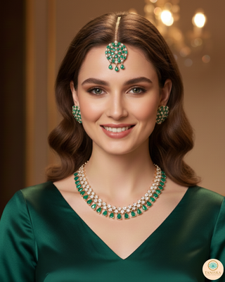 American Diamond Style Necklace Set - Rose Gold/Emerald Green