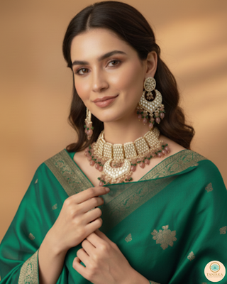 MEHAR Designer Bottle Green/Peach Kundan Necklace Set