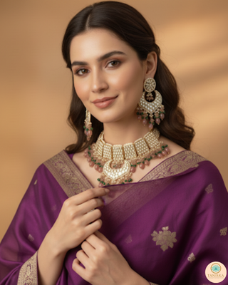 MEHAR Designer Bottle Green/Peach Kundan Necklace Set