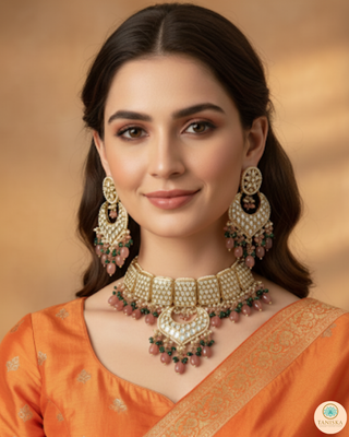 MEHAR Designer Bottle Green/Peach Kundan Necklace Set