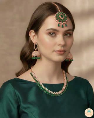 American Diamond Style Necklace Set - Rose Gold/Emerald Green