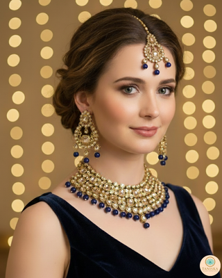 Pearly Necklace Set (Necklace, Earrings, Tikka) - Golden / Blue