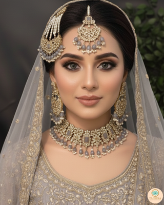 Pearly Antique Gold Necklace Set (Necklace, Earrings, Tikka) - Gold / Grey