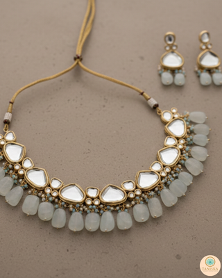 ROYAL Kundan Necklace Set - Greyish Blue (with Meenakari)