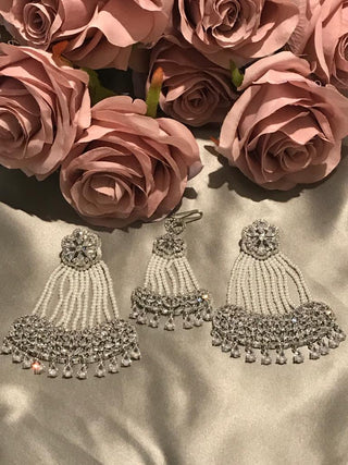 American Diamond Style Statement Earring & Tikka Set - Silver/Clear