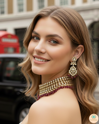Pearly Antique Gold Necklace Set (Necklace, Earrings, Tikka) - Golden / Maroon