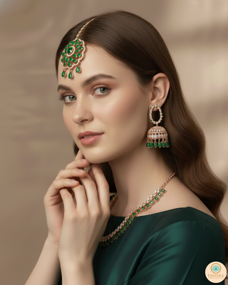 American Diamond Style Necklace Set - Rose Gold/Emerald Green