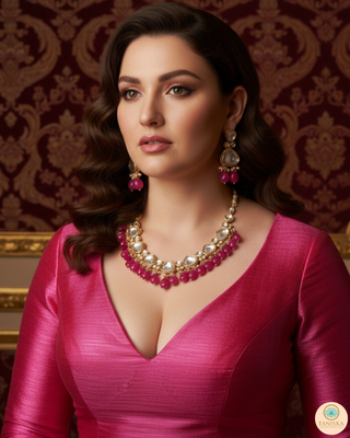 MEEREN Kundan Choker Necklace Set (Hot Pink)