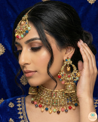 Pearly Antique Gold, Double Choker Necklace Set (Necklace, Earrings, Tikka) - Golden / Multi