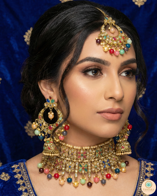 Pearly Antique Gold, Double Choker Necklace Set (Necklace, Earrings, Tikka) - Golden / Multi