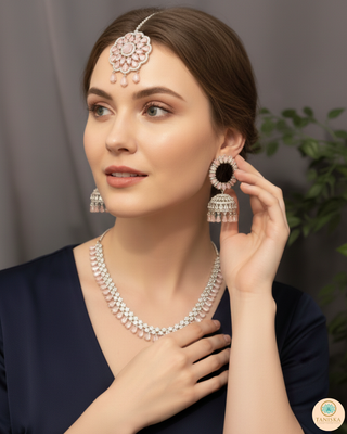 American Diamond Style Necklace Set - Silver/Baby Pink
