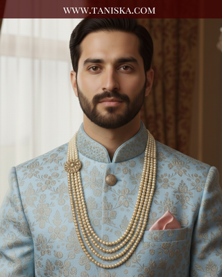 The Regent’s Bloom | Floral Medallion Pearl Mala | Antique Gold 4 Layered Pearl Mens / Groom Mala
