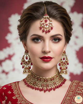 Pearly Antique Gold Necklace Set (Necklace, Earrings, Tikka) - Golden / Red