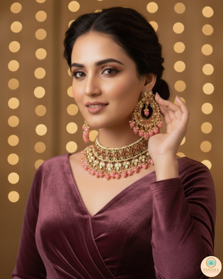 Pearly Antique Gold Necklace Set (Necklace, Earrings, Tikka) - Golden / Pink