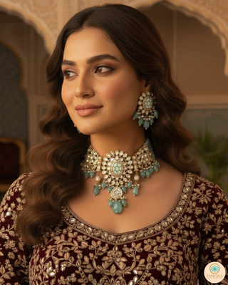 Luxury mint green beaded Kundan choker necklace set with matching earrings, elegant statement jewelry for South Asian bridal weddings and receptions.
