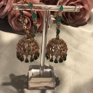 American Diamond Style Statement Earring & Tikka Set - Emerald Green / Rose Gold