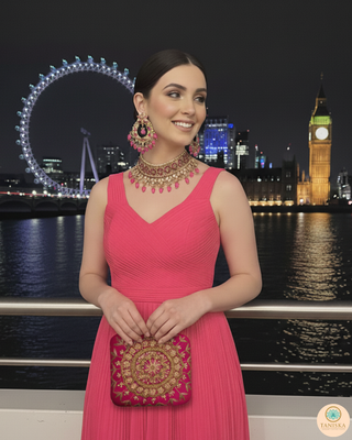 Pearly Necklace Set (Necklace, Earrings, Tikka) - Hot Pink