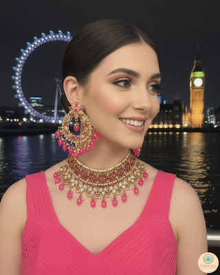 Pearly Necklace Set (Necklace, Earrings, Tikka) - Hot Pink