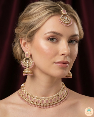 Pearly Antique Gold Necklace Set (Necklace, Earrings, Tikka) - Golden / Pink