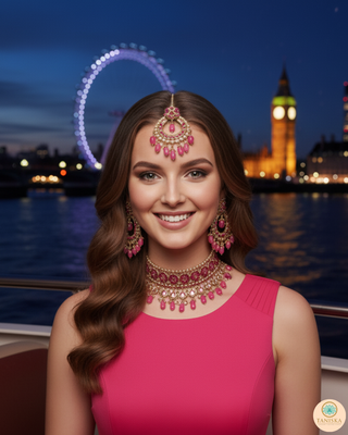 Pearly Necklace Set (Necklace, Earrings, Tikka) - Hot Pink