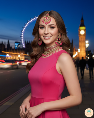Pearly Necklace Set (Necklace, Earrings, Tikka) - Hot Pink