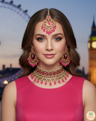 Pearly Necklace Set (Necklace, Earrings, Tikka) - Hot Pink