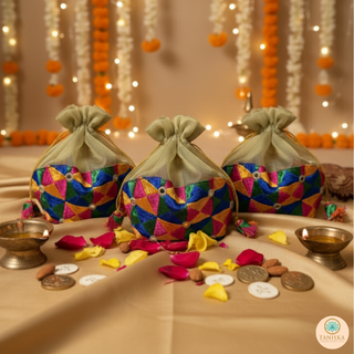 1 Multi-Purpose DORI RUMAL (Potli Bag, Gift Bag, Traditional Thaal Cover - Perfect for: Engagement Ceremony, Indian Wedding, Shagan Ceremony, Chunni Charhana, Bridal Shower, Baby Shower, Maiyan, Weddings, Favors, Shaadi, Walima)