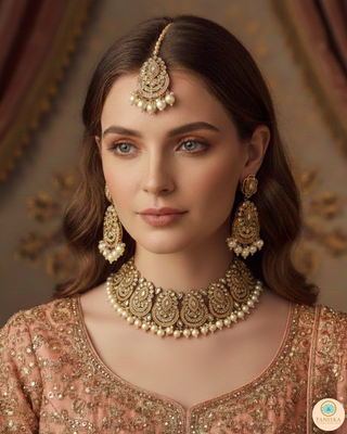 Pearly Antique Gold Necklace Set (Necklace, Earrings, Tikka) - Golden / Peachy Pink