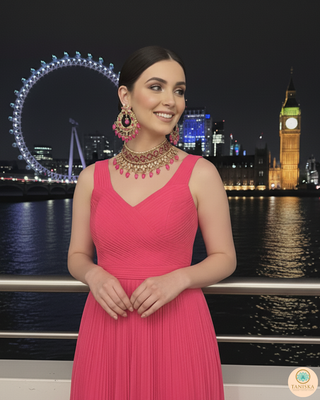 Pearly Necklace Set (Necklace, Earrings, Tikka) - Hot Pink