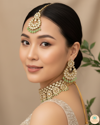 Pearly Antique Gold Necklace Set (Necklace, Earrings, Tikka) - Golden / Mint