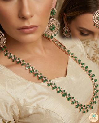American Diamond Style, Cubic Zirconia Long Necklace Set - Rose Gold / Emerald Green