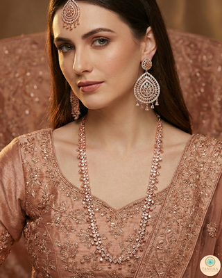 American Diamond Style, Cubic Zirconia Long Necklace Set - Rose Gold