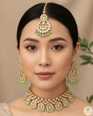 Pearly Antique Gold Necklace Set (Necklace, Earrings, Tikka) - Golden / Mint