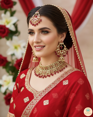 Pearly Antique Gold Necklace Set (Necklace, Earrings, Tikka) - Golden / Red