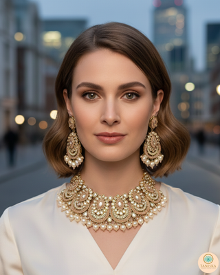 Pearly Antique Gold Necklace Set (Necklace, Earrings, Tikka) - Golden / Peachy Pink