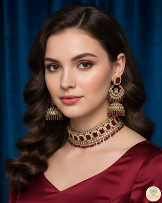 Pearly Antique Gold Necklace Set (Necklace, Earrings, Tikka) - Golden / Maroon