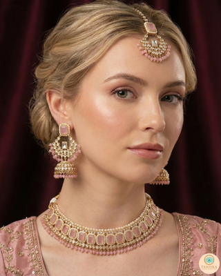 Pearly Antique Gold Necklace Set (Necklace, Earrings, Tikka) - Golden / Pink