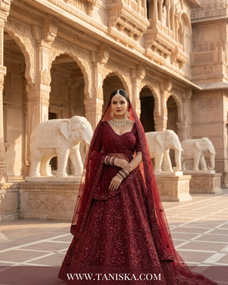 Maroon Velvet Floral Bridal Lehenga
