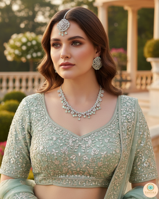 American Diamond Style Necklace Set - Silver/Mint
