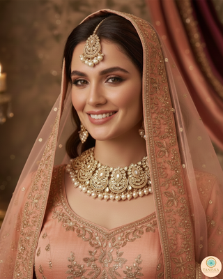 Pearly Antique Gold Necklace Set (Necklace, Earrings, Tikka) - Golden / Peachy Pink