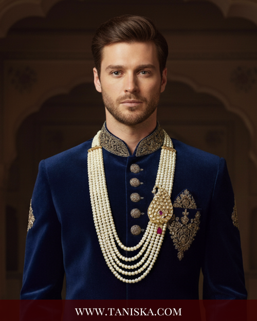 The Rajwada Sovereign | Grand Kundan & Gold Mala | Pearl White Kundan 5 Layered Mens / Groom Mala - Mens Bridal Mala