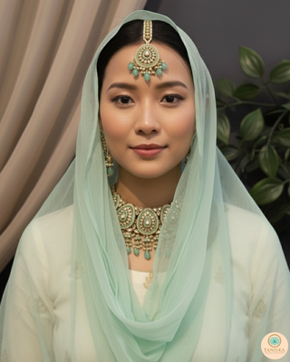 Pearly Antique Gold Necklace Set (Necklace, Earrings, Tikka) - Golden / Mint