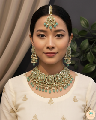 Pearly Antique Gold Necklace Set (Necklace, Earrings, Tikka) - Golden / Mint