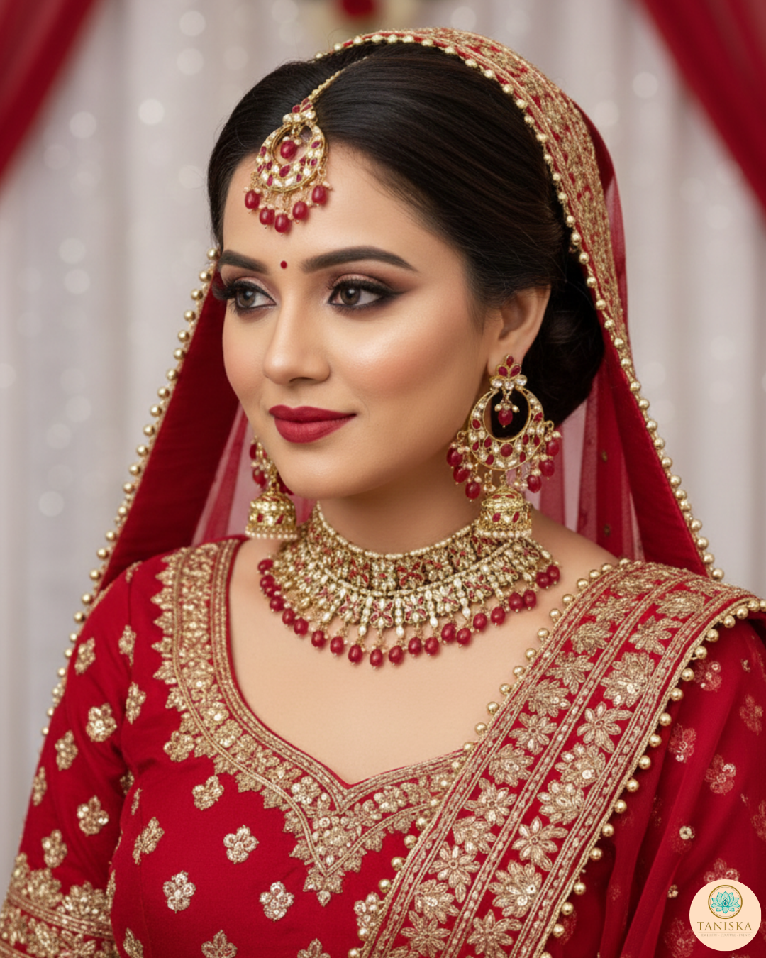 Pearly Antique Gold Necklace Set (Necklace, Earrings, Tikka) - Golden / Red