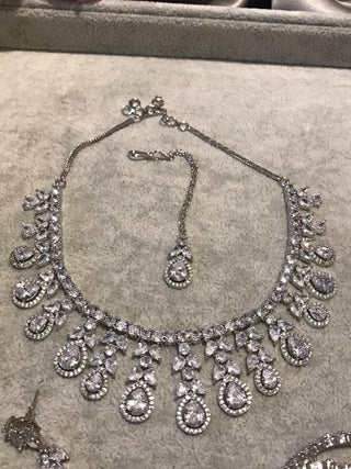 American Diamond Style Necklace Set - Silver - Necklace Set