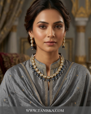 ROYAL Kundan Necklace Set - Charcoal Grey (with Meenakari)