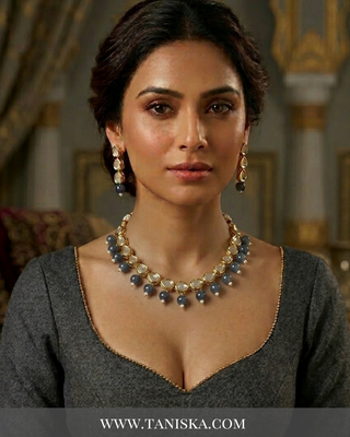ROYAL Kundan Necklace Set - Charcoal Grey (with Meenakari)