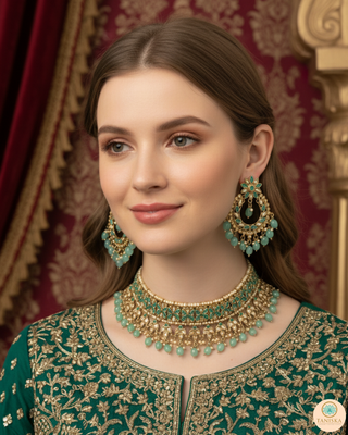 Pearly Antique Gold Necklace Set (Necklace, Earrings, Tikka) - Golden / Mint