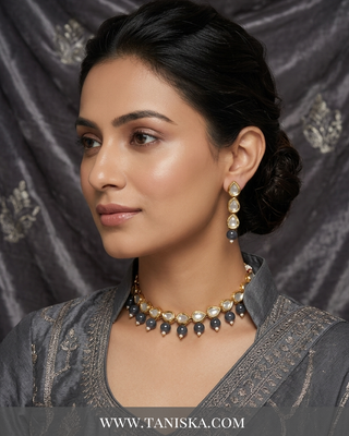ROYAL Kundan Necklace Set - Charcoal Grey (with Meenakari)