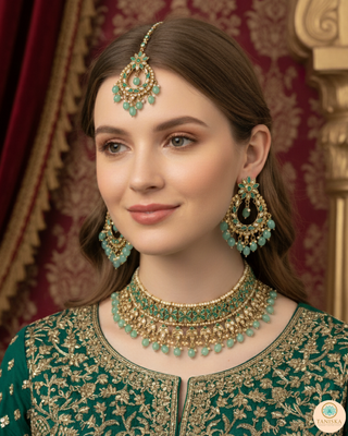 Pearly Antique Gold Necklace Set (Necklace, Earrings, Tikka) - Golden / Mint